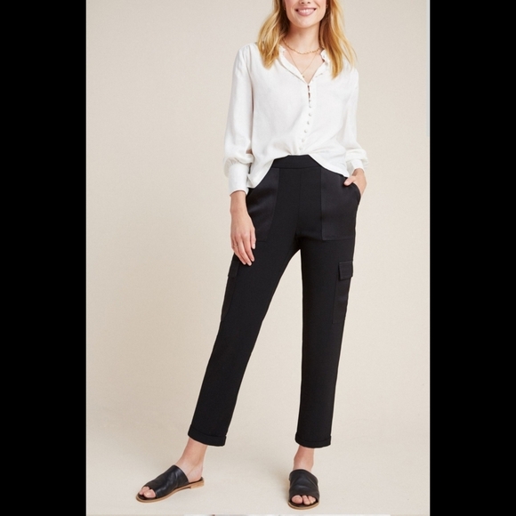Anthropologie Maeve Delancey Satin-Trimmed Cargo Joggers Black
